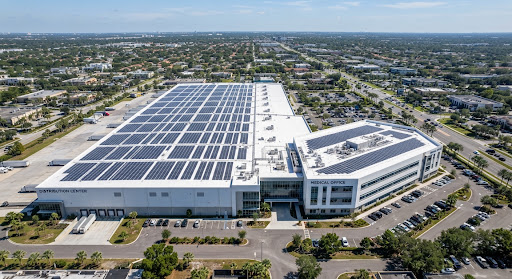 A commercial rooftop solar array