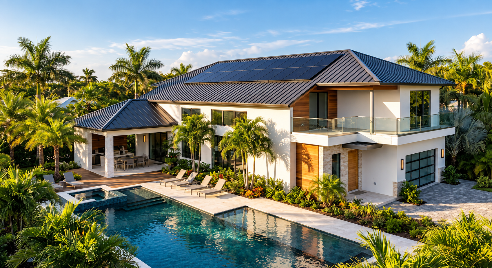 Solar panels integrated into a coastal home's roof