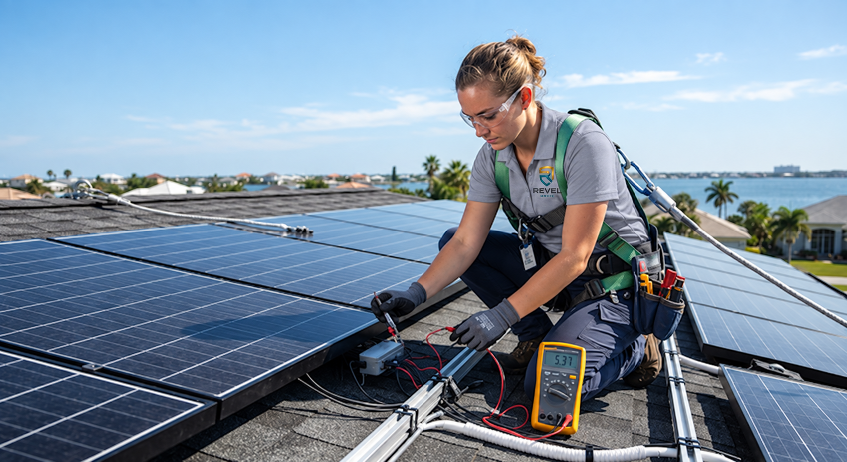 A technician inspecting a rooftop solar panel